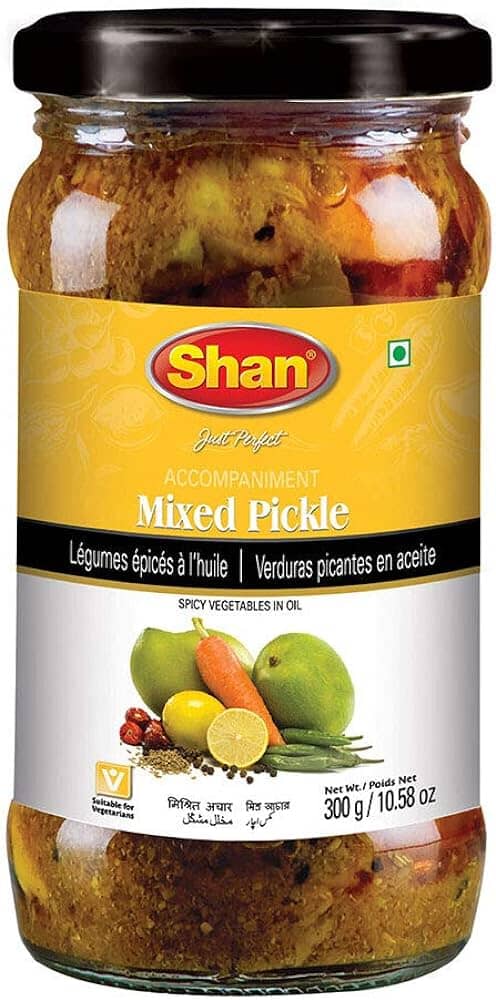 Tangy mixed pickle with balanced spice.